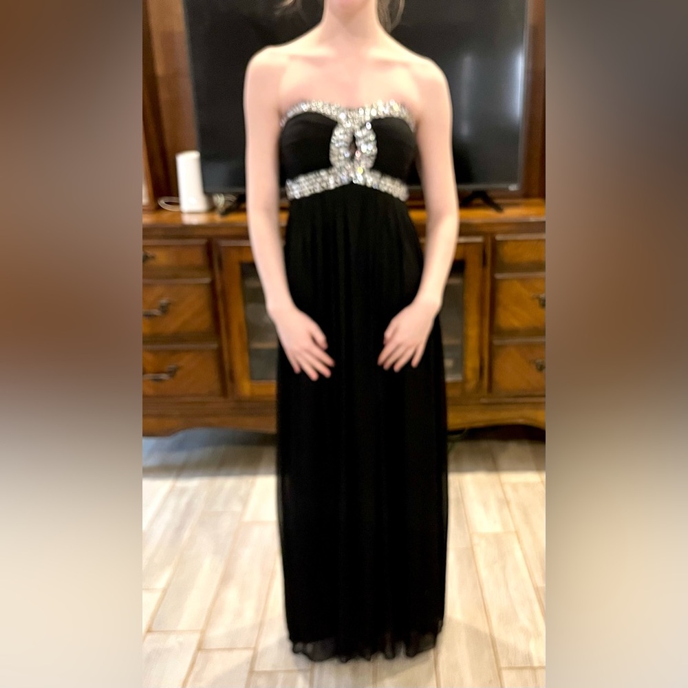 Black sheer prom pageant dress sz 1 w/ stones $60